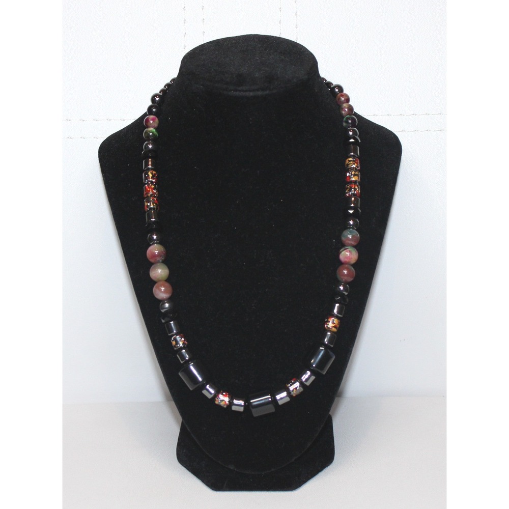 handcrafted beaded necklace 20" multicolor stones glass agate hematite boho